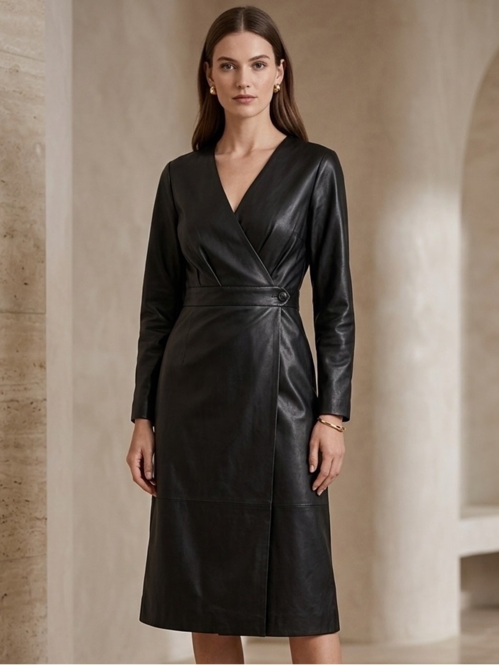 Banana Republic Vegan Leather Wrap Dress Black Long Sleeve Size 8 NWT